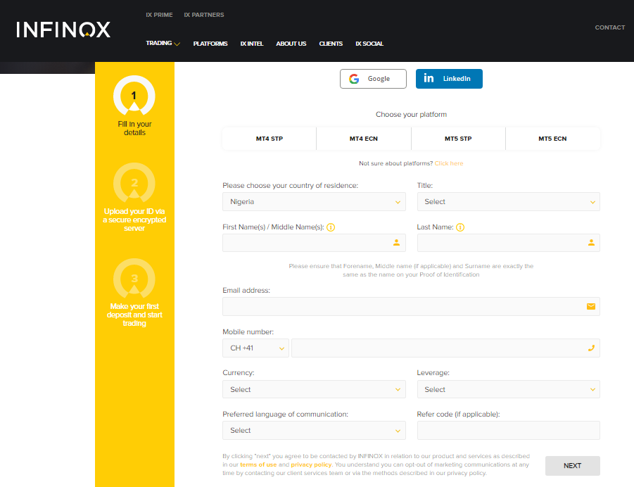 Infinox Opening an account